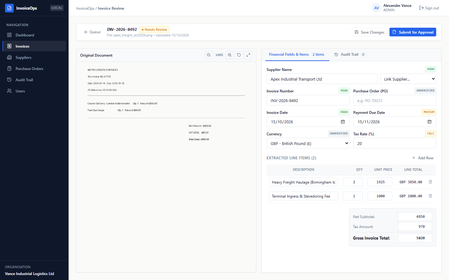 InvoiceOps Finance Review Workbench Interface